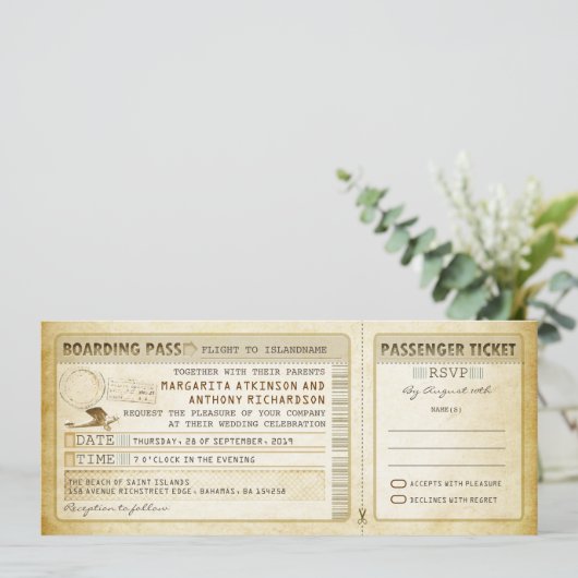 Old Boarding Pass Wedding Tickets-Invites & RSVP Kaart (Staand voorkant)