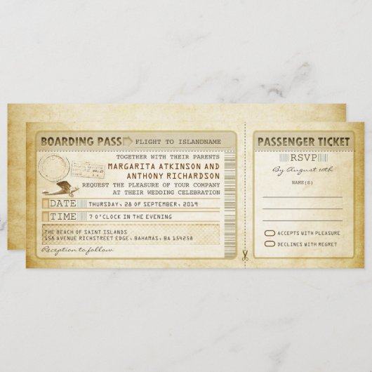 Old Boarding Pass Wedding Tickets-Invites & RSVP Kaart (Voorkant / Achterkant)