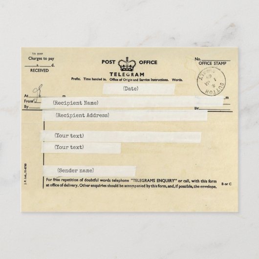 Old British Post kantoor telegram () Briefkaart (Voorkant)