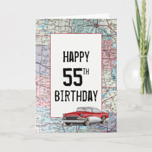 Old Car on Road Map 55th Birthday Kaart