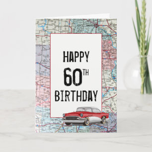Old Car on Road Map 60th Birthday Kaart