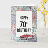 Old Car on Road Map 70th Birthday Kaart (Gele Bloem)