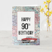 Old Car on Road Map 90th Birthday Kaart (Gele Bloem)