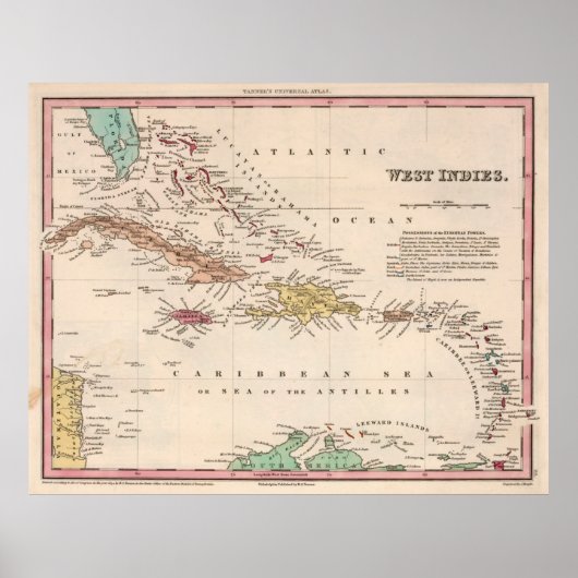 Old Caribbean Map (1834) West Indies Atlas Poster (Voorkant)