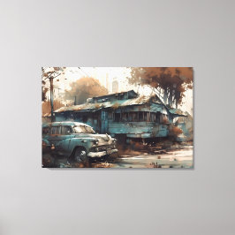 Old cars in front of an old house canvas afdruk