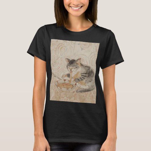 Old Cat Eating Ramen T-shirt (Voorkant)