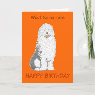 Old English Sheepdog Birthday Cards, naam toevoege Kaart