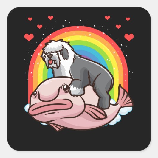 Old English Sheepdog Bobtail Dog with Blobfish Vierkante Sticker (Voorkant)