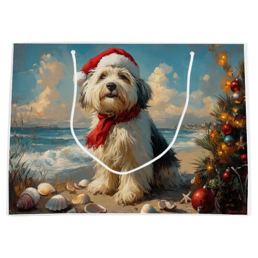 Old English Sheepdog Christmas  Beach Groot Cadeauzakje (Voorkant)