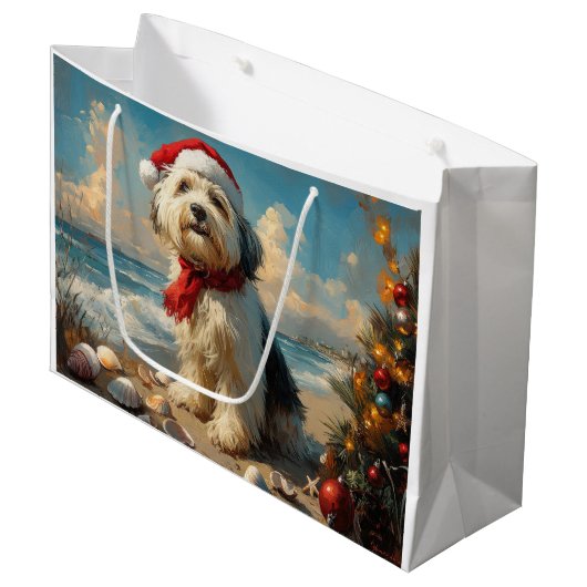 Old English Sheepdog Christmas  Beach Groot Cadeauzakje (Voorkant Gekanteld)