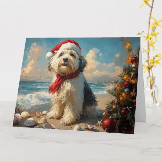 Old English Sheepdog Christmas  Beach Kaart (Gele Bloem)