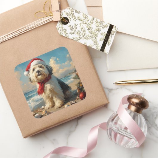 Old English Sheepdog Christmas  Beach Vierkante Sticker (Geschenken)