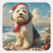 Old English Sheepdog Christmas  Beach Vierkante Sticker (Voorkant)