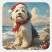 Old English Sheepdog Christmas  Beach Vierkante Sticker (Voorkant)