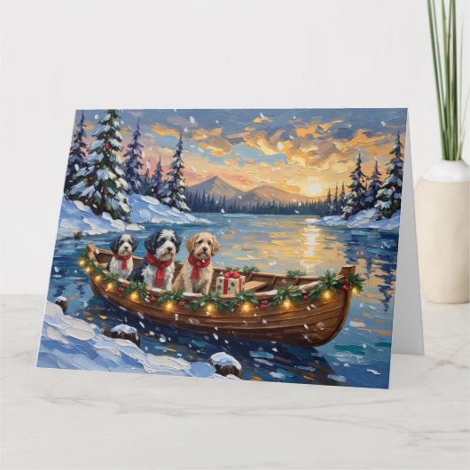 Old English Sheepdog Christmas Boat Holiday Kaart (Voorkant)