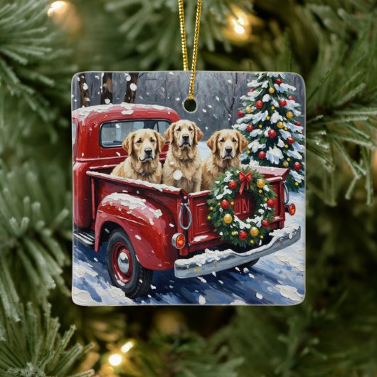 Old English Sheepdog Christmas Red Truck Holiday Keramisch Ornament (Boom)