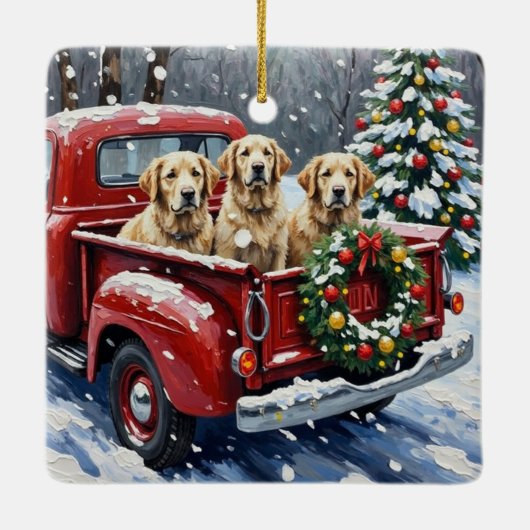 Old English Sheepdog Christmas Red Truck Holiday Keramisch Ornament (Achterkant)