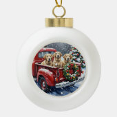 Old English Sheepdog Christmas Red Truck Holiday Keramische Bal Ornament (Voorkant)
