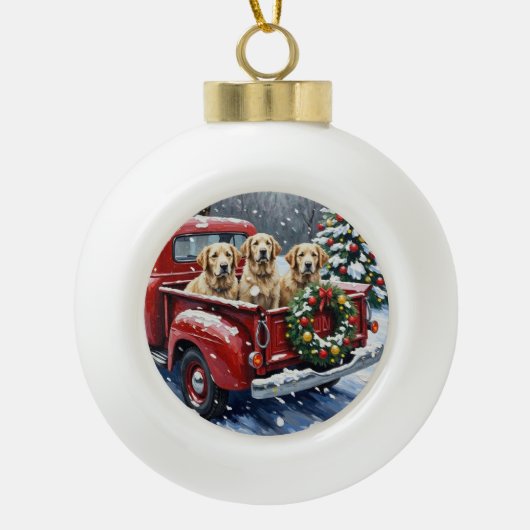 Old English Sheepdog Christmas Red Truck Holiday Keramische Bal Ornament (Voorkant)
