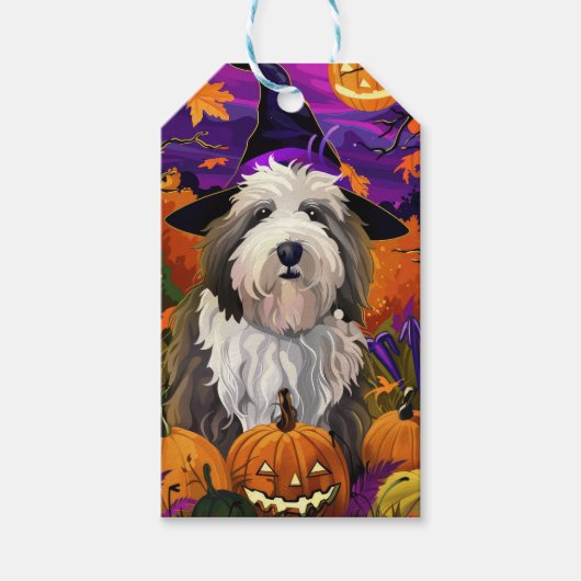 Old English Sheepdog Halloween Heksenpompoen Cadeaulabel (Voorkant)