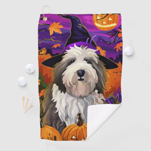 Old English Sheepdog Halloween Heksenpompoen Golfhanddoek (Insitu)