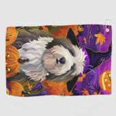 Old English Sheepdog Halloween Heksenpompoen Golfhanddoek (Horizontaal)