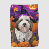 Old English Sheepdog Halloween Heksenpompoen Golfhanddoek (Voorkant)