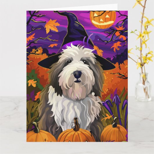 Old English Sheepdog Halloween Heksenpompoen Kaart (Gele Bloem)