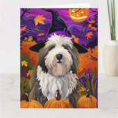 Old English Sheepdog Halloween Heksenpompoen Kaart (Voorkant)