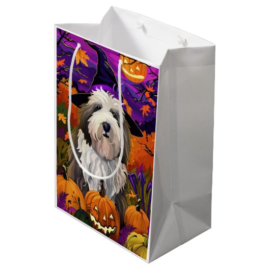 Old English Sheepdog Halloween Heksenpompoen Medium Cadeauzakje (Achterkant Gekanteld)