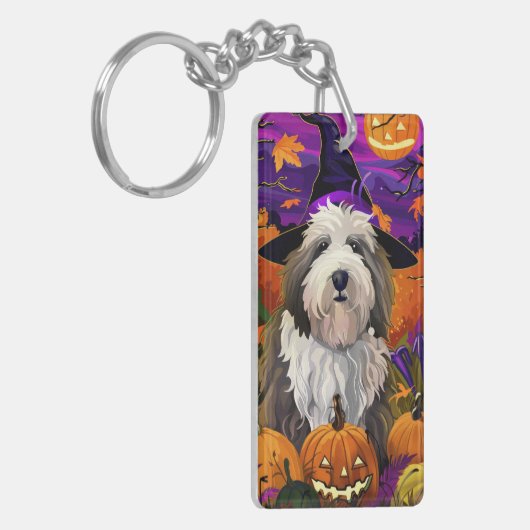 Old English Sheepdog Halloween Heksenpompoen Sleutelhanger (Voorkant Links)
