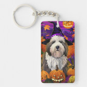 Old English Sheepdog Halloween Heksenpompoen Sleutelhanger (Voorkant)