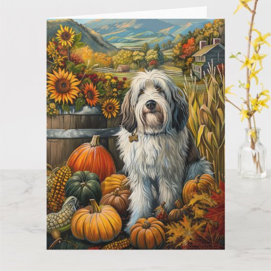 Old English Sheepdog Herfst Oogst Thanksgiving Kaart (Gele Bloem)