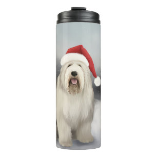 Old English Sheepdog in Sneeuw Kerstmis Thermosbeker