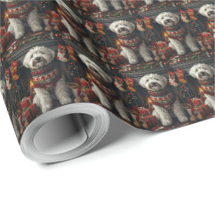 Old English Sheepdog met kerstcadeau open haard Cadeaupapier