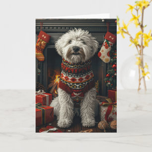 Old English Sheepdog met kerstcadeau open haard Kaart
