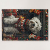 Old English Sheepdog met kerstcadeau open haard Legpuzzel (Horizontaal)