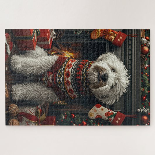 Old English Sheepdog met kerstcadeau open haard Legpuzzel (Horizontaal)