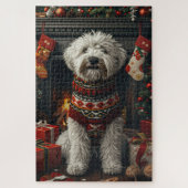 Old English Sheepdog met kerstcadeau open haard Legpuzzel (Verticaal)