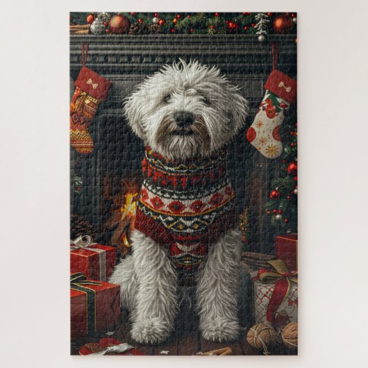Old English Sheepdog met kerstcadeau open haard Legpuzzel (Verticaal)