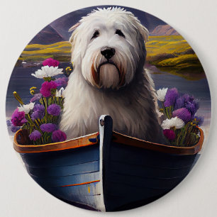 Old English Sheepdog op een peddel: Een landschapp Ronde Button 6,0 Cm