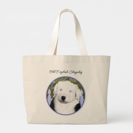 Old English Sheepdog Puppy Schilderij Pet Dog Art Grote Tote Bag (Achterkant)