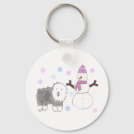 Old English Sheepdog & Snowman Sleutelhanger (Voorkant)