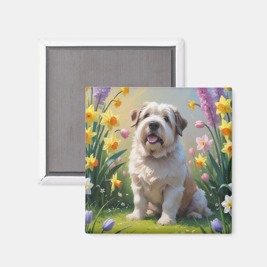 Old English Sheepdog Spring Flowers Schilderij Magneet (Voorkant / Achterkant)