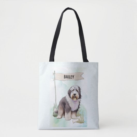Old English Sheepdog Watercolor Personalized Dog Tote Bag (Voorkant)
