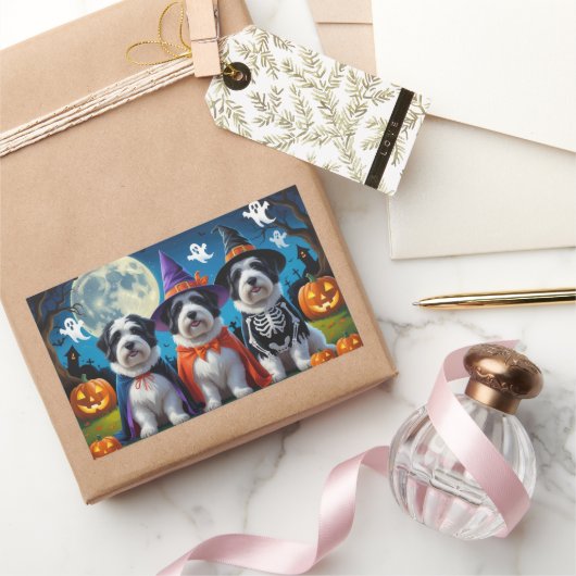 Old English Sheepdogs Pumpkin Halloween Grappig Rechthoekige Sticker (Geschenken)