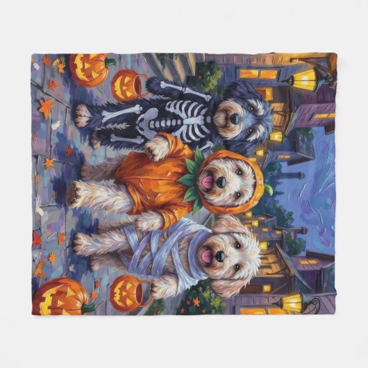 Old English Sheepdogs Trick-or-Treating Halloween Fleece Deken (Voorkant (Horizontaal))