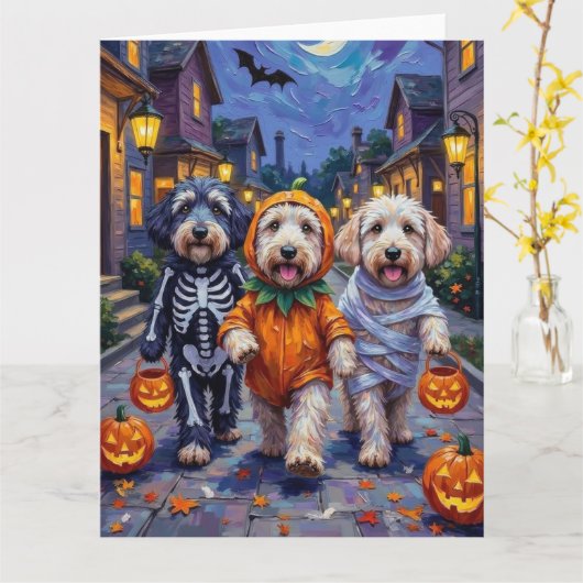 Old English Sheepdogs Trick-or-Treating Halloween Kaart (Gele Bloem)