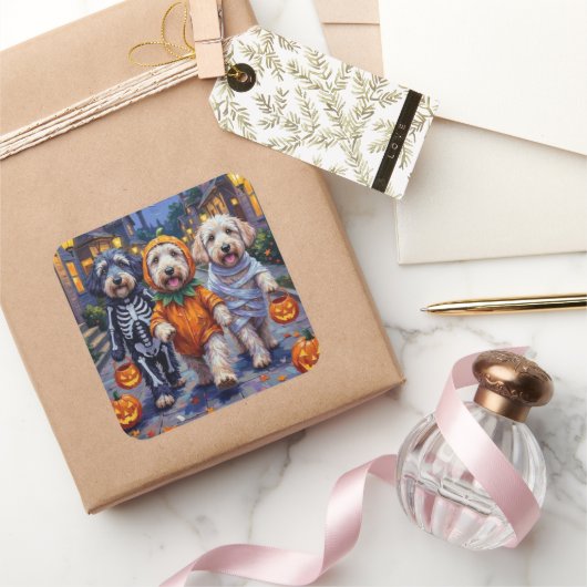 Old English Sheepdogs Trick-or-Treating Halloween Vierkante Sticker (Geschenken)