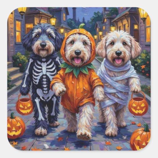 Old English Sheepdogs Trick-or-Treating Halloween Vierkante Sticker (Voorkant)